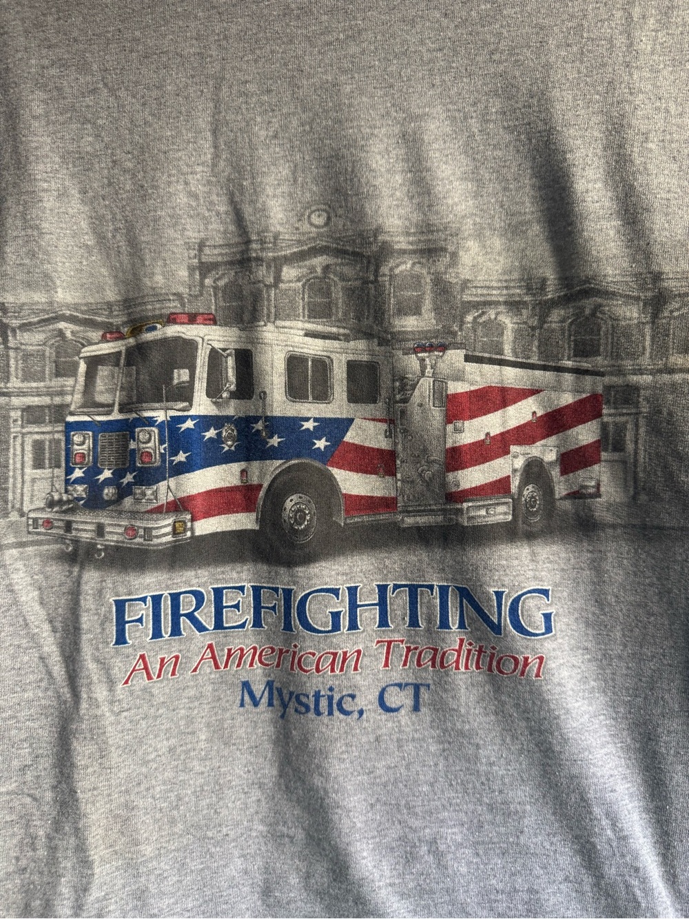 Firefighting Graphic Tee Shirt in Gray with American Flag Firetruck Mystic CT